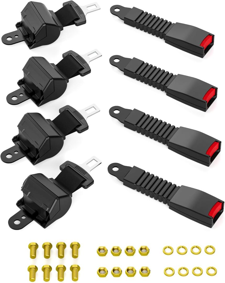 Golf Cart Seat Belts for EZGO Club Car Yamaha, 4Pcs Universal Retractable Seat Belt Kit, Upgrades Seatbelts 4 Passenger TXT RXV DS Precedent Most Golf Carts Front & Rear Seat Without Bracket