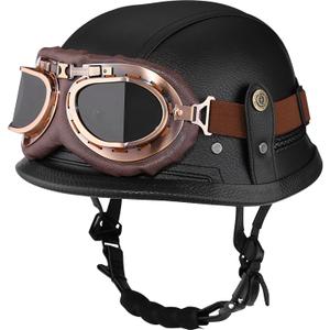 Motorcycle Half Helmet Retro German Handmade Leather Half Face Quick Release Buckle & Goggles - DOT Approved (Black, XL)