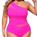 Aqua Eve Plus Size One Piece Swimsuit for Women Tummy Control Bathing Suits One Shoulder Swimwear Hot Pink 20W