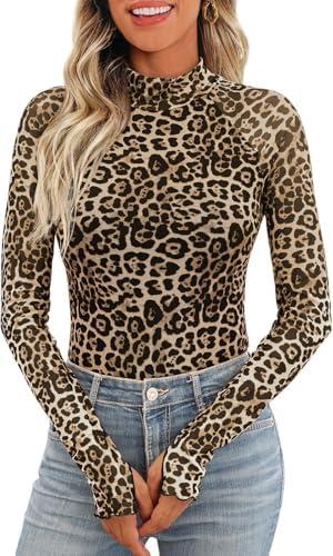 iGENJUN Lace Long Sleeve Shirts Floral Mesh Mock Neck Going Out Tops for Women Business Casual Fashion Fall Outfits 2025 size L