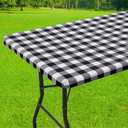 Smiry Rectangle Picnic Table Cloth, Elastic Waterproof Fitted Vinyl Tablecloths, Flannel Backed Buffalo Plaid Table Covers for Dining, Camping, Outdoor (Black and White, 30" x 48")