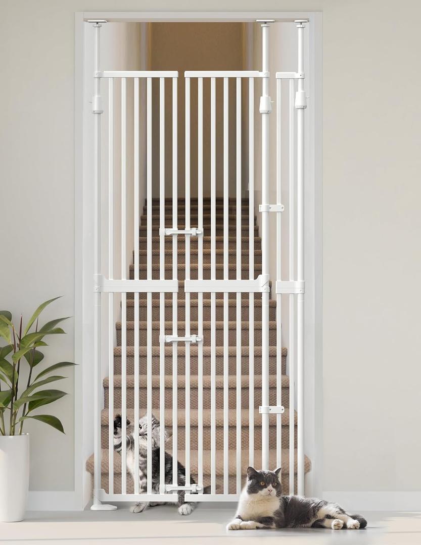 Extra Tall Cat Gate for Doorway: 74.8"-90.5" Tall Cat Gates for Pet 30.3"-38.2" Wide Pressure Mount No Wall Drilling for Indoor Stairs Doorway Room Door Dog Safety Barrier No Toddler, White 