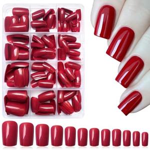 LoveOurHome 240pc Red Press on Nails Medium Square Fake Nails, Red Glue on Nail Press ons Square Nail Tips Medium False Nails Presson Artificial Fingernails with Tabs for Women Girls, Set of 3