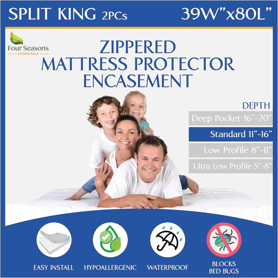 Split King Mattress Encasement 39" x 80" (2PCs) - Waterproof Zippered Protector Hypoallergenic Premium Quality Bed Cover