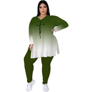 Women's Plus Size Two Piece Outfits Loungewear Sets Long Sleeve Oversized Tshirts Sweatpants Sweatsuits Sets (X-Large Plus, Dark Green Gradual)