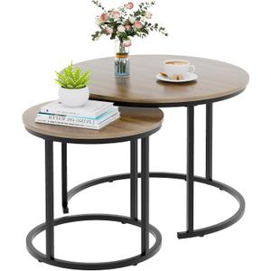Garden 4 you Nesting Coffee Table, 23.6" Round Coffee Table Set of 2, Wooden Nesting Table Set with Metal Frame, Side Tables for Living Room Bedroom Balcony, Brown