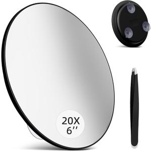 Large 6" 20X Magnifying Mirror with Tweezers, Travel Magnified Mirror 20x with Suction Cups, High Magnification Mirrors 20 x for Detailed Make up, Black--20x