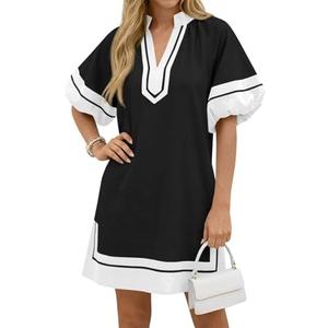 RGEWenrine Womens Summer Mini Dress Puff Sleeve Casual V Neck Color Block Side Slit Loose Shirt Dresses with Pockets L