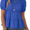 Rapbin Womens Puff Short Sleeve Babydoll Tops Summer Peplum Pleated Cotton T Shirts Casual Loose Fit Flowy Blouses (X-Large, Royal Blue)