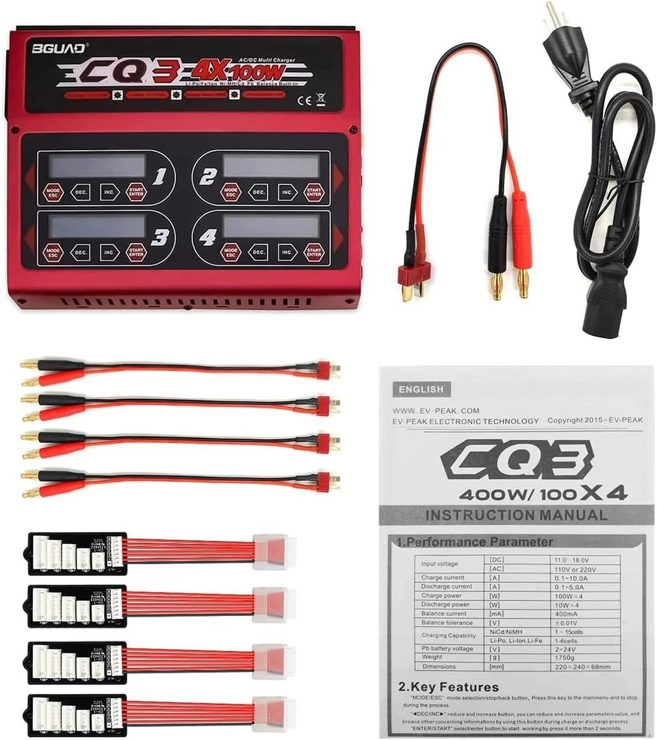 BGUAD CQ3 10A 100W 1-6S 100Wx4/10Ax4 Balance Charger with JST_XH Adapter Board for LiPo Life NiMH NiCd Battery