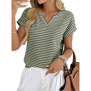 EVALESS Womens Dressy Casual Cap Short Sleeve Tops Trendy Summer V Neck Loose Striped Casual Basic T Shirts Tee Blouses (XL)