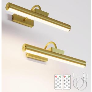 Picture Light Battery Operated, 13in Wireless Art Light for Paintings, Dimmable 5000mAh Recharging Battery Picture Light with Remote Control for Wall, Gallery Dartboard Art Bedroom (Gold-2Pack)