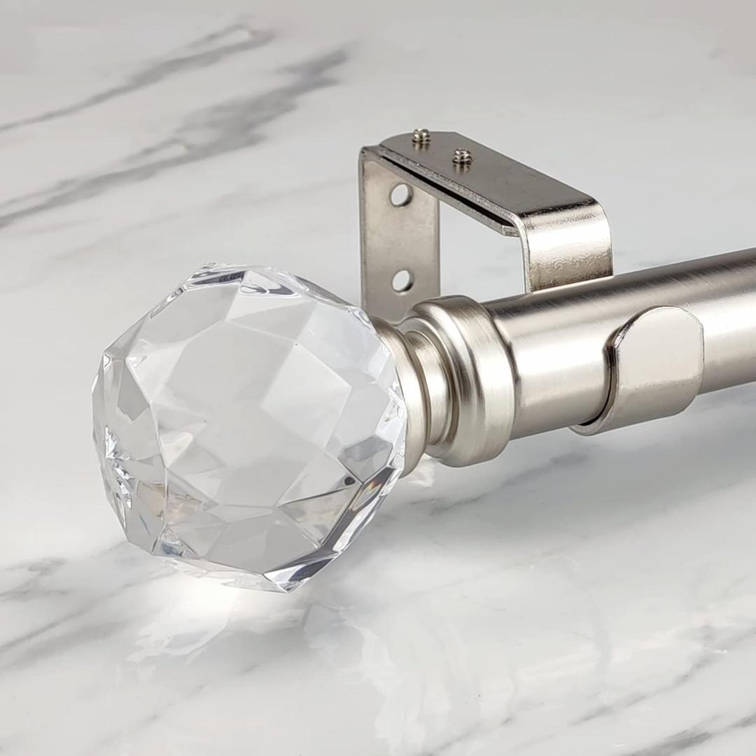 Luxury Silver Decorative Single Curtain Rod Set with Crystal-clear Faceted Finials, 36-72 in, Standard Single Drapery Rod for 1 Pack, 1-1/8 in diameter, Adjustable Length