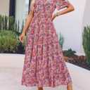 ZESICA Women's 2026 Summer Spring Floral Boho Maxi Dresses Casual Short Sleeve V Neck A Line Flowy Beach Vacation Dress (Pink)