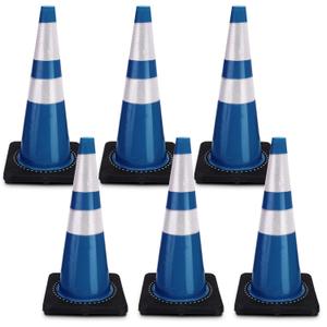 6 Pack Traffic Safety Cones Plastic PVC Blue Traffic Cones with Black Base and Reflective Collars for Street Hazards, Training, Road Construction, Parking Lot (28 Inch)