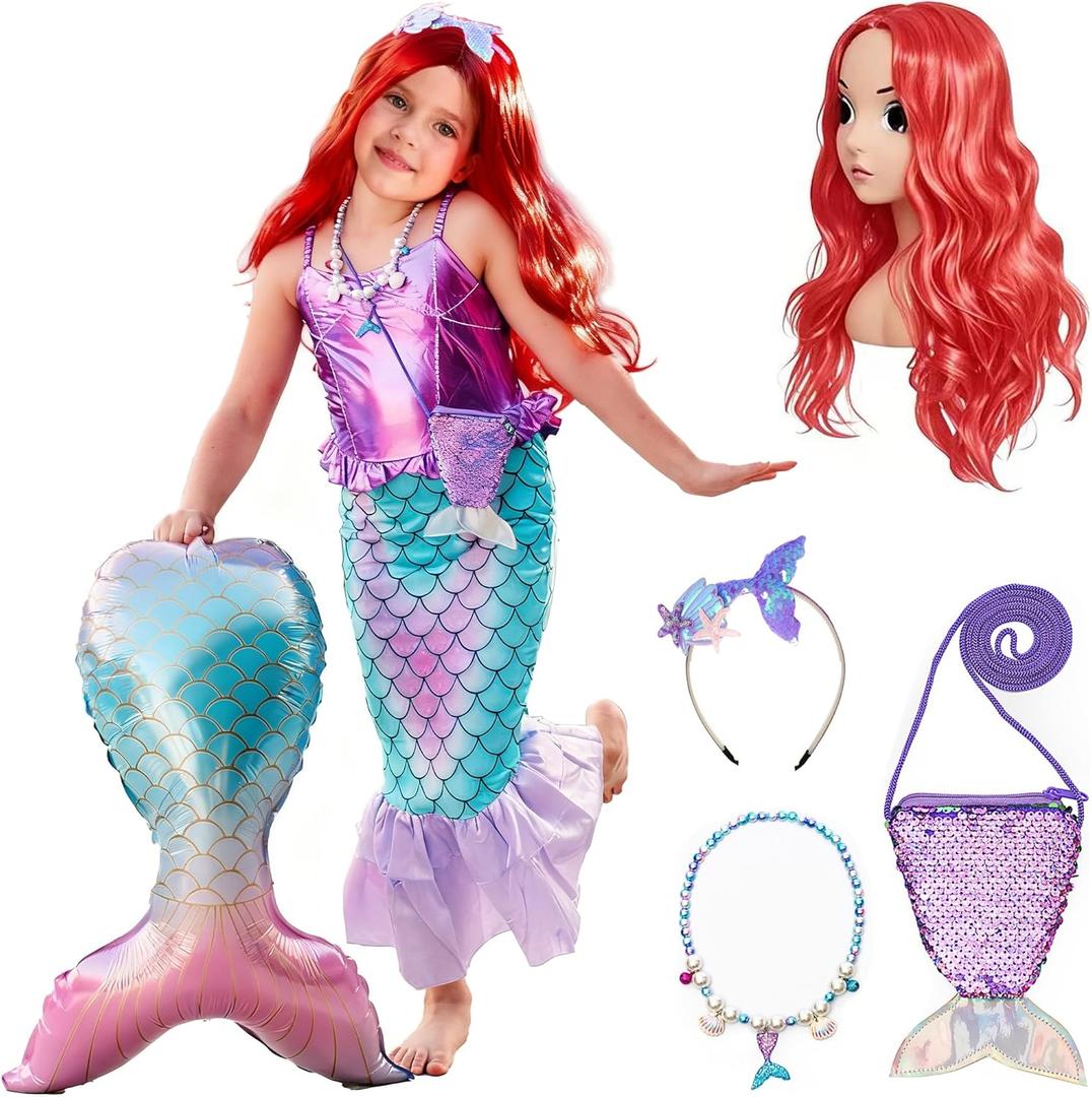 Funna Little Mermaid Costume for Girls Princess Dress Up with Accessories Wig (4T, Purple)