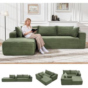 105" Cloud Sectional Couch with L-Shape Chaise,Modern Modular Sofa with Deep Seat, Fluffy Boneless Couches for Living Room Bedroom,No Assembly Required, Green (Plush Flannel Fabric)