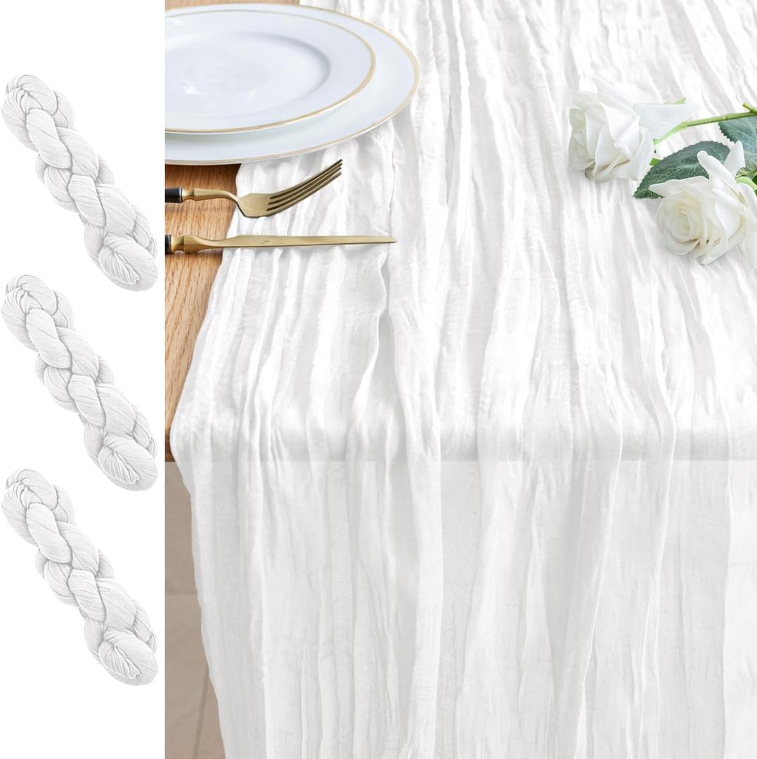 3PCS Table Runner Cheesecloth 10FT Ivory Boho Gauze Cheese Cloth Rustic Sheer Table Runners for Wedding Bridal Baby Shower Party Decoration