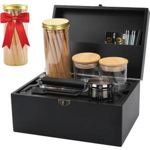 Large Bamboo Storage Box with Removable Tray Kit - Decorative Box Set, Glass Jars, and Accessories Wooden Storage Kit and Accessories Tool.Birthday Gifts. (Black)