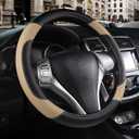 Leather Car Steering Wheel Cover, Non-Slip Car Wheel Cover Protector Breathable Microfiber Leather Universal Fit for Most Cars, 15 Inches (Beige)