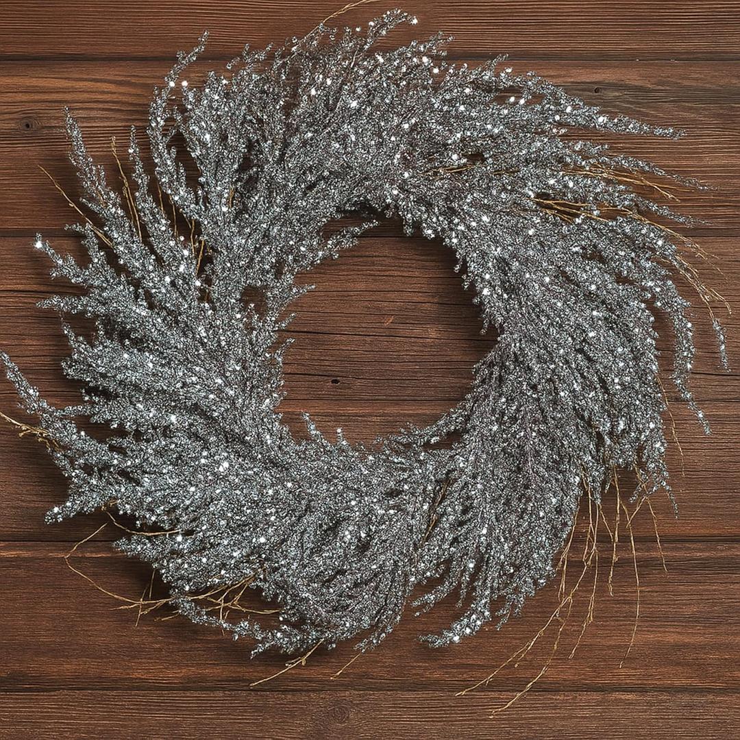 Suncalla Iced Winter Wreath for Front Door 15.78 Inch Christmas Glitter Shiny Silver Door Decoration Xmas Artificial Rhinestone Wreath for Window Wall Fireplace Indoor Outdoor Decor