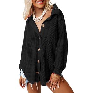 Dokotoo Womens Waffle Knit Shacket Jacket Casual Long Sleeve Button Down Shirts Dressy Blouses Tops (Small, Black)