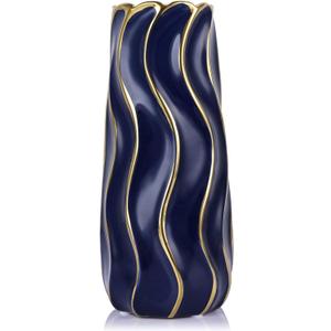 9.5" Blue Ceramic Vase - Minimalist Blue and Gold Flower Vase, Blue Decor Large Pampas Grass Vase, Boho Decorative Centerpiece Vase for Home Decor, Table, Shelf, Mantel, and Entryway (Medium)