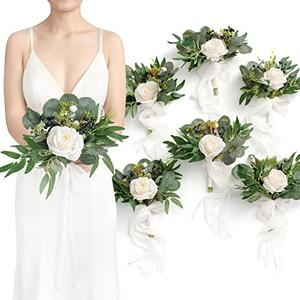 Ling's Moment Artificial Flowers White Bridesmaid Bouquet Set of 6, White and Sage Wedding Flowers Bouquets for Bridesmaids, 7 Inch Bridal Bouquets for Bridesmaids, Wedding, Ceremony, Anniversary, etc