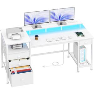 Furologee White Computer Desk with 4 Drawers, 60" Long Office Desk with Fabric File Cabinet and Power Outlets, Gaming Desk with LED Lights, Study Writing Work Desk with Shelf for Home Office