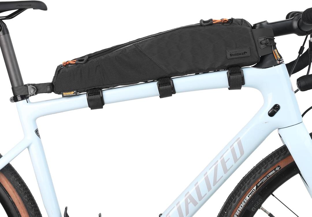 Rhinowalk Bicycle Top Tube Bag Bike Front Frame Bag Waterproof Extra Long Cycling Accessories Upper Pipe Nylon Pouch Pack for Mountain Road Bike (2.1L Strap fixing, All black)