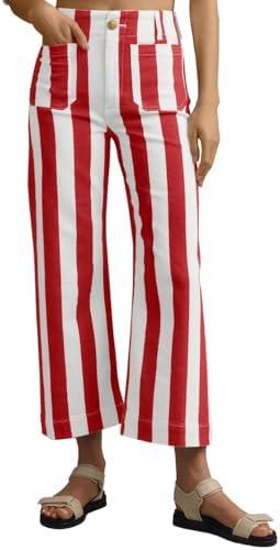 Tankaneo Womens Cropped Striped Jeans Casual High Waisted Stretchy Straight Leg Denim Pants with Pockets Size XS-S