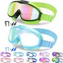 Vvinca Kids Goggles with Comfort Fabric Strap, Kids Swim Goggles Wide View Anti-Fog/UV No Leaking Swimming Goggles for 3-14 (01-green & Blue)