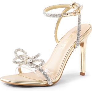 DREAM PAIRS Women's Double Bowknots Crystal Sandals Clear Slingback Heels Square Toe Shoes for Party Wedding (Gold, US 10)