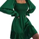 LYANER Women's Square Neck Lantern Long Sleeve Shirred Ruffle A Line Flowy Party Mini Dress (Green) Large