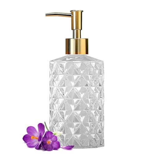 Crystal Glass Soap Dispenser, 330ml/11oz. Clear Glass Lotion Soap Dispenser with Gold Pump, Crystal Design Reusable Hand Soap Dispenser for Kitchen Dish Soap, Shower Gel, Shampoo(Gold Plating Pump)