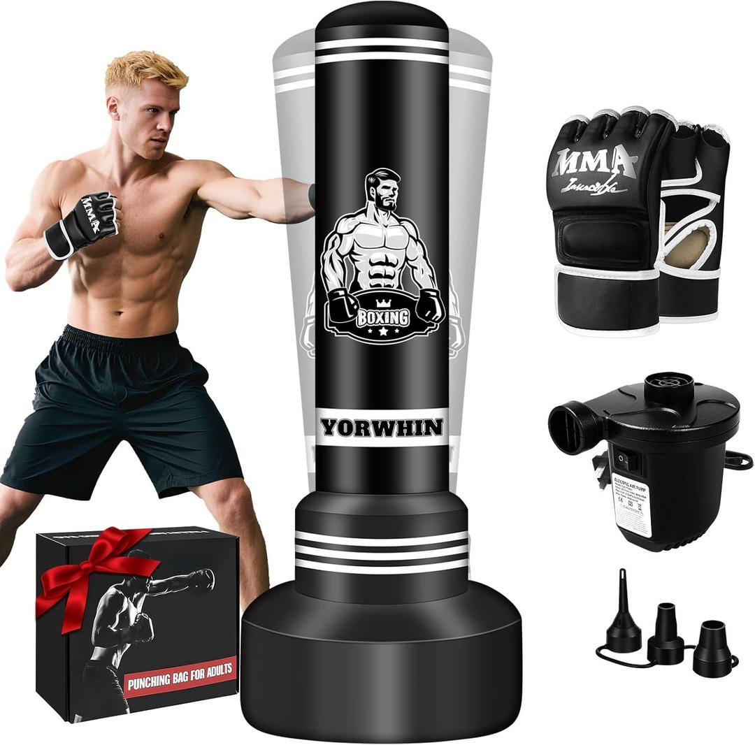 Heavy Punching Bag with Stand Adults Teens, 70" Freestanding Punching Bag with Boxing Gloves and Electric Air Pump, Women Men Standing Inflatable Boxing Bag for Training MMA Thai Fitness