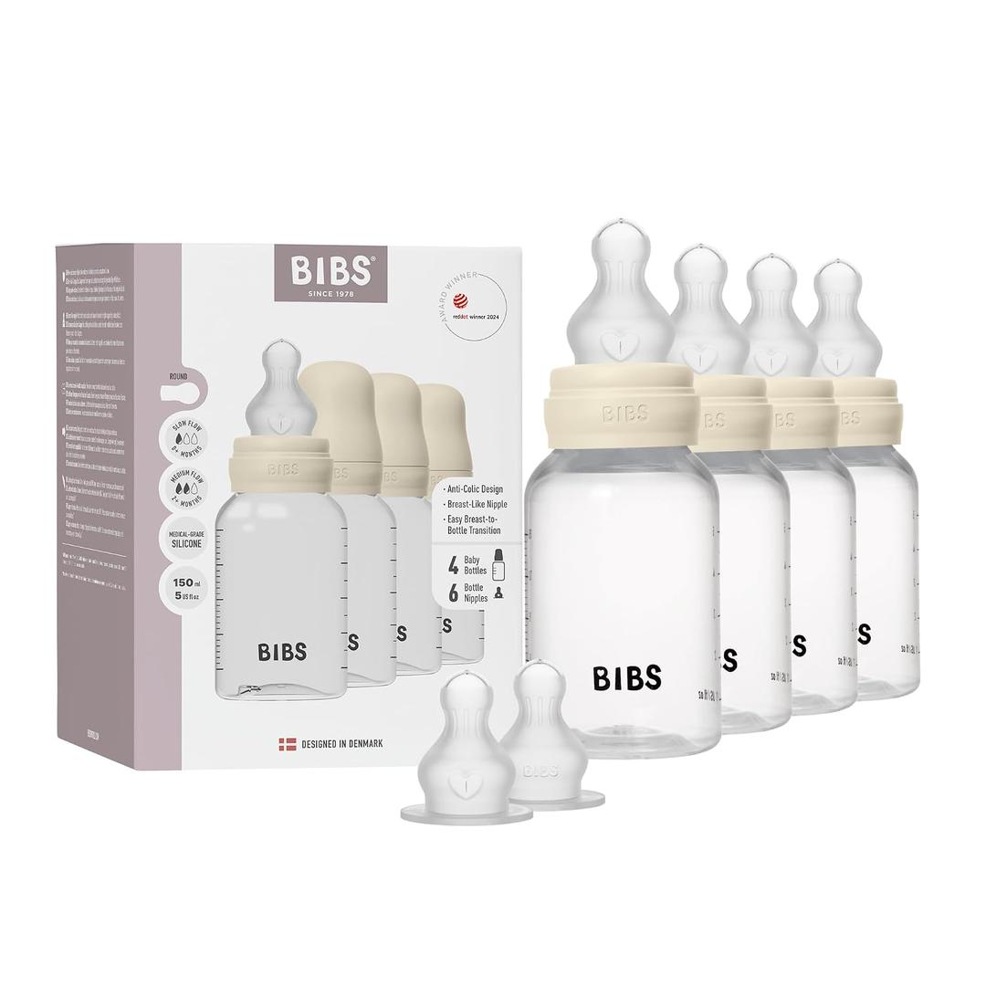 BIBS Baby Bottle 150 ml Silicone Nipple 4 Pack - Anti-Colic, BPA-Free, Round Nipple, Lightweight & Easy to Clean, Suitable for Newborns 0+ Years, 4-Pack + 2 Extra Nipples - Ivory