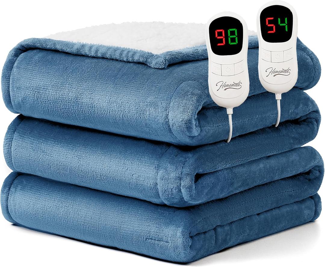Homemate Electric Heated Blanket King - 100"x90" Heating Blanket King Size Dual Control 1/2/4/6/8 Hours Auto-Off 10 Heat Level Heat Blanket Over-Heat Protection Flannel Sherpa ETL Certification (Light Blue)