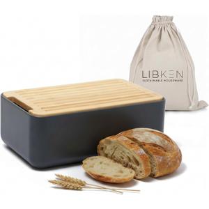 LIBKEN Bread Box Extra Thick Steel Bread Bin with Bamboo Cutting Board Lid & Drawstring Bread Bag - Modern Scandinavian Metal Box for Kitchen Countertop, Sourdough & Homemade Bread - Black