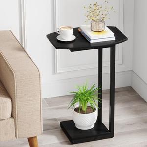Hosfais Small Side Table End Table, C Shaped Barrel Coffee Table with Metal Frame, Wooden TV Tray for Living Room, Bedroom, Couch, Small Spaces (Black)