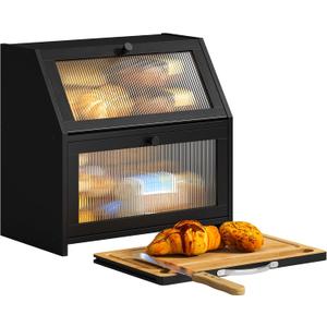 BMOSU Double Bread Box with Cutting Board Kitchen Countertop Bread Box Bamboo Wood Oversized Capacity Bin Kitchen Food Storage Container(Black)