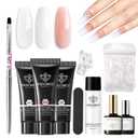 Modelones Poly Gel Nail Kit 3 Colors Clear White Apricot with Slip Solution Dual Nail Forms Top Base Coat Extension Builder Gel Polygel Toenail Kit DIY Nail Art Salon Use