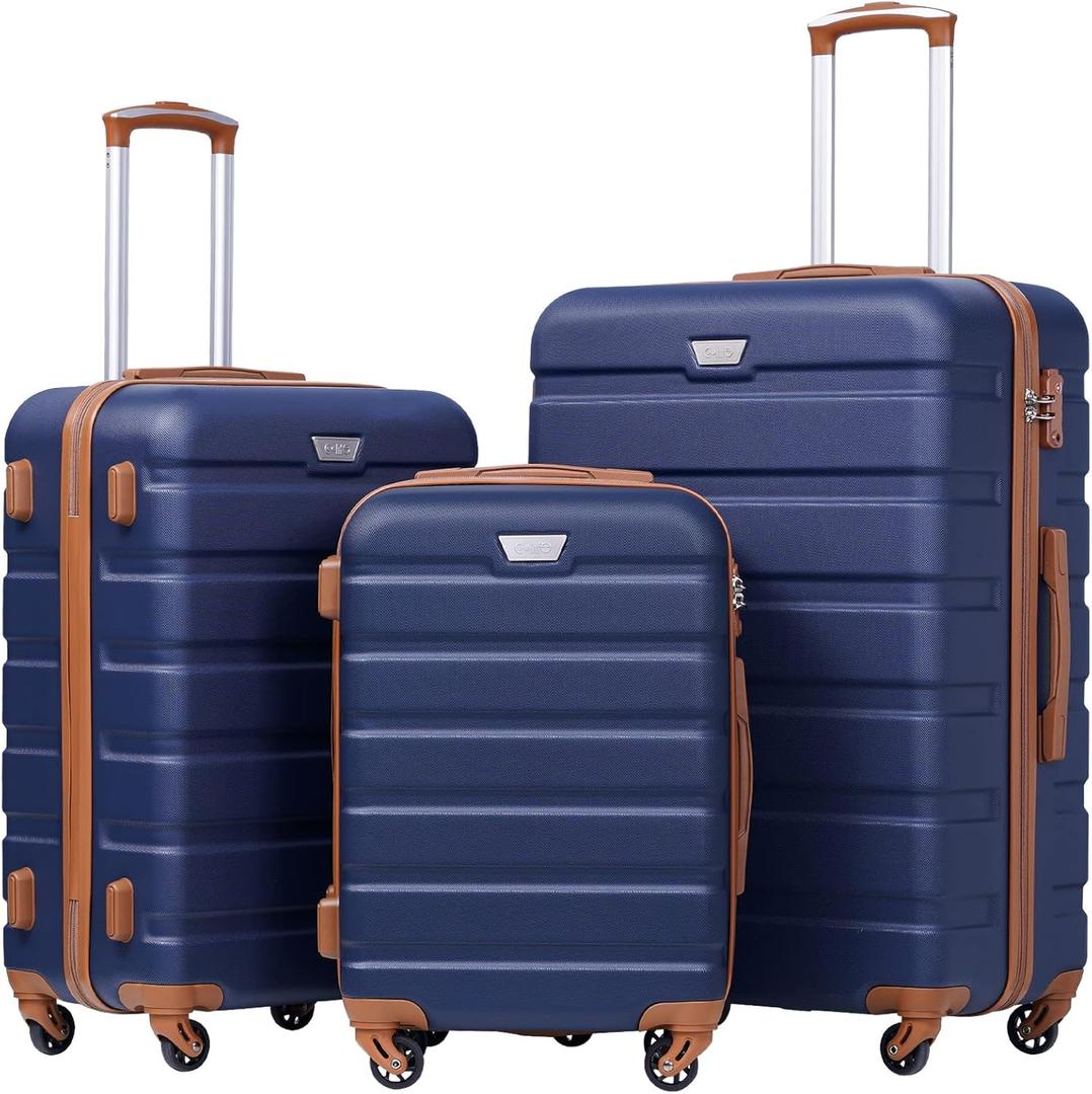 Coolife Luggage 3 Piece Set, Lightweight Durable Hardshell Suitcase set with 360 Spinner Wheels, TSA-approved Lock, Checked Family Travel Luggage sets, 20/24/28 Inch, Apricot Navy