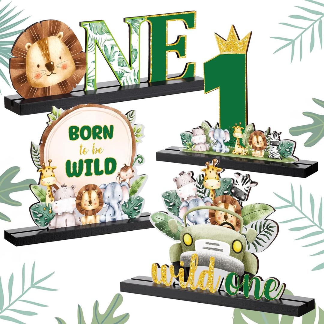 Riyiper 4 Pcs Safari Wild One Birthday Decorations Jungle Animals Party Supplies for Baby Shower Boy Girl First Birthday Table Decor Wooden Letter Desk Sign Centerpieces for Gender Reveal Sage Party