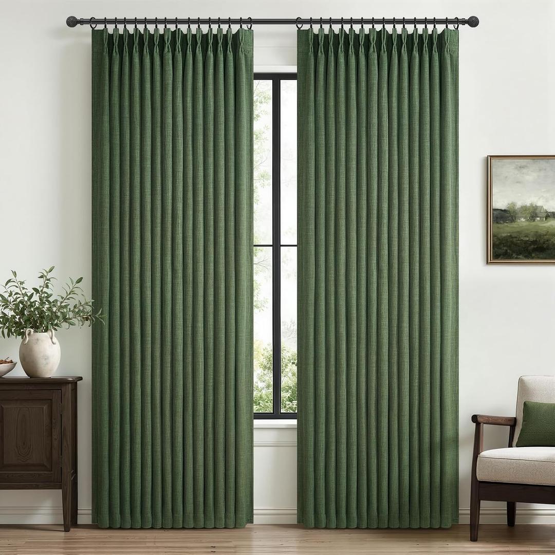 Blackout Dark Green Viral Curtains 90 Inches Long for Bedroom 2 Panels Set, Memory Trained Pinch Pleated Double Layer Thick Linen Thermal Noise Reducing Country Privacy Drapes 40" W x 90" L Loden