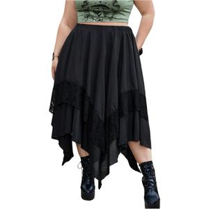 Verdusa Women's Plus Size Goth High Waist Skirts Flowy Lace Layered Long Renaissance Skirt (X-Large Plus, Black)