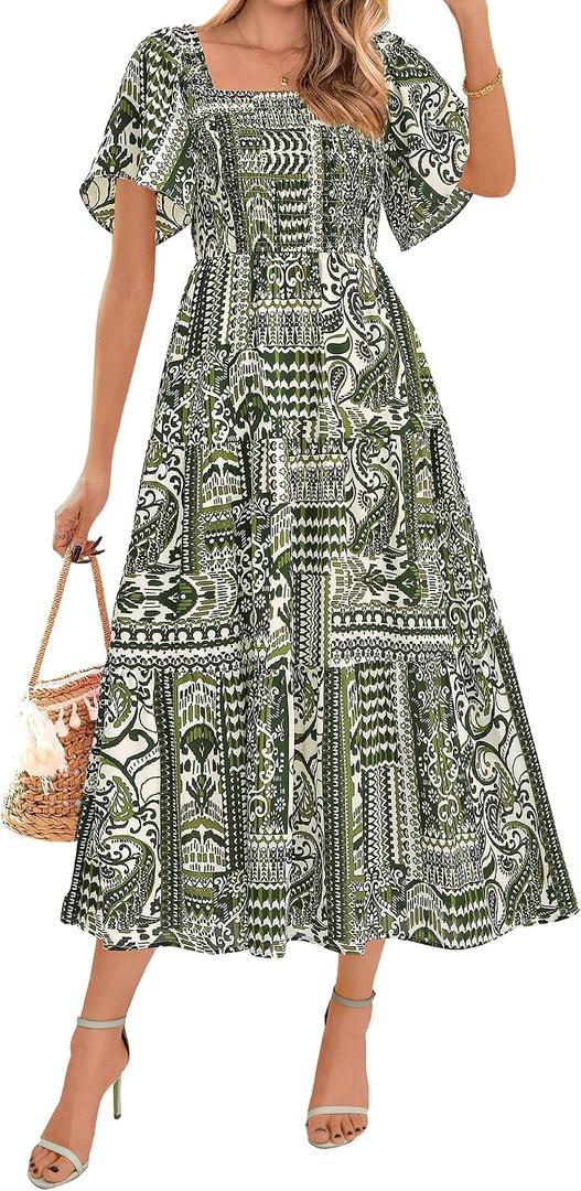 BTFBM Women's Clothing Wedding Guest Dresses Casual Boho Floral Short Sleeve Smocked Maxi Beach Spring Summer Dress 2026 (S)