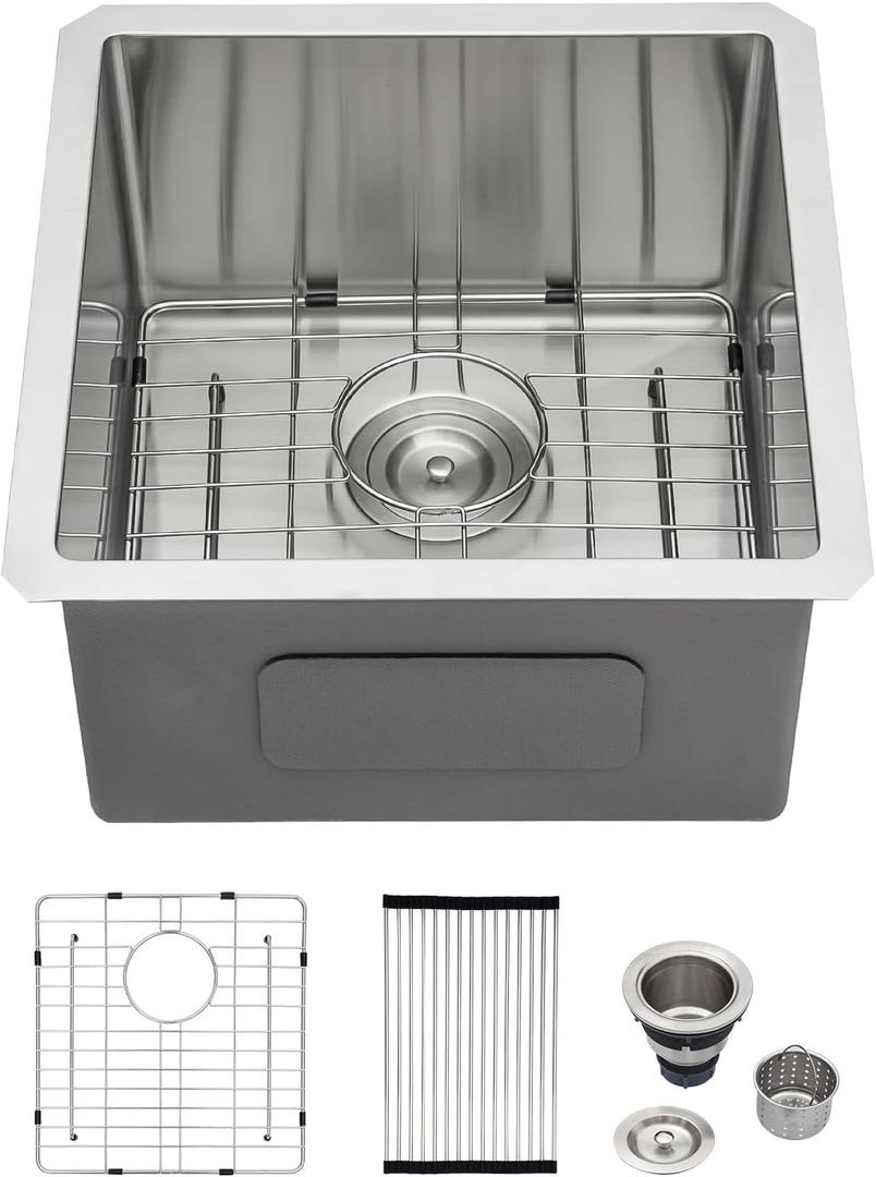 Logmey 17 Undermount Bar Sink 17x17 Small Square Handmade Kitchen Sink 16 Gauge Stainless Steel Bar Prep Sink 9 Inch Deep Kitchen Sink Single Bowl RV Sink