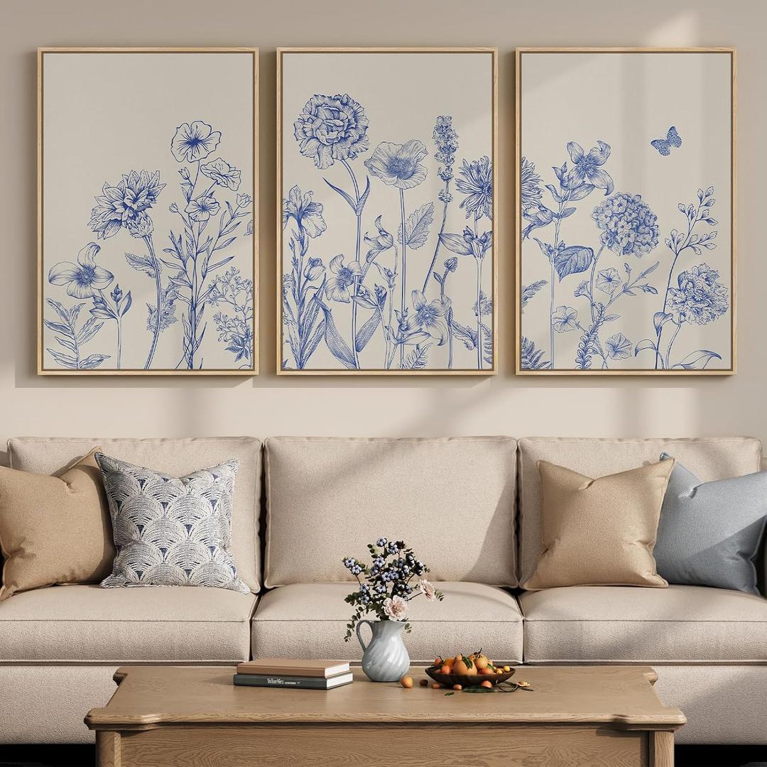 Framed Neutral Chinoiserie Blue Botanical Wall Art, 3 Piece Minimalist Floral Canvas Artwork for Modern Farmhouse, Flower Painting Prints for Living Room Bedroom Kitchen Office Dining Room, 20x30 In, 20" W x 30" H x 3Pcs