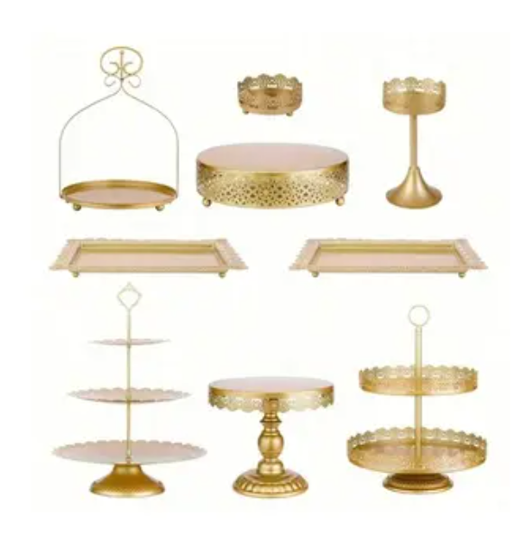 Set of 9 Cake Stands Metal Cupcake Stand Set Multiple Styles Candy Fruit Display Tower Dessert Plate Cake Serving Tray for Birthday Party Wedding Anniversary Baby Shower Engagement (Gold)